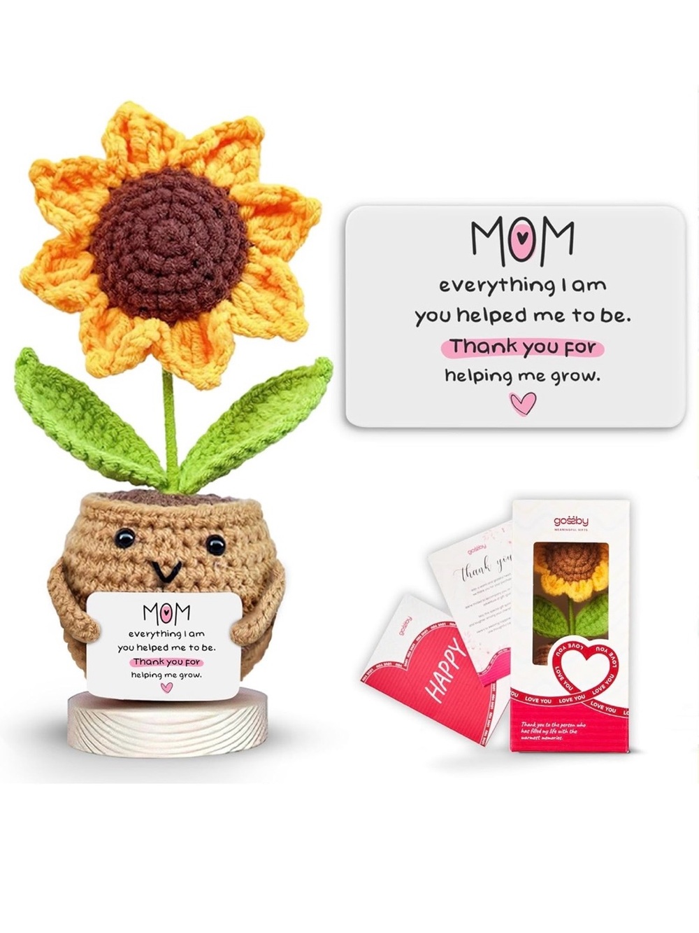 BRAND NEW Crocheted Sunflower Planter Gift with Thank You Card - Yellow & Brown